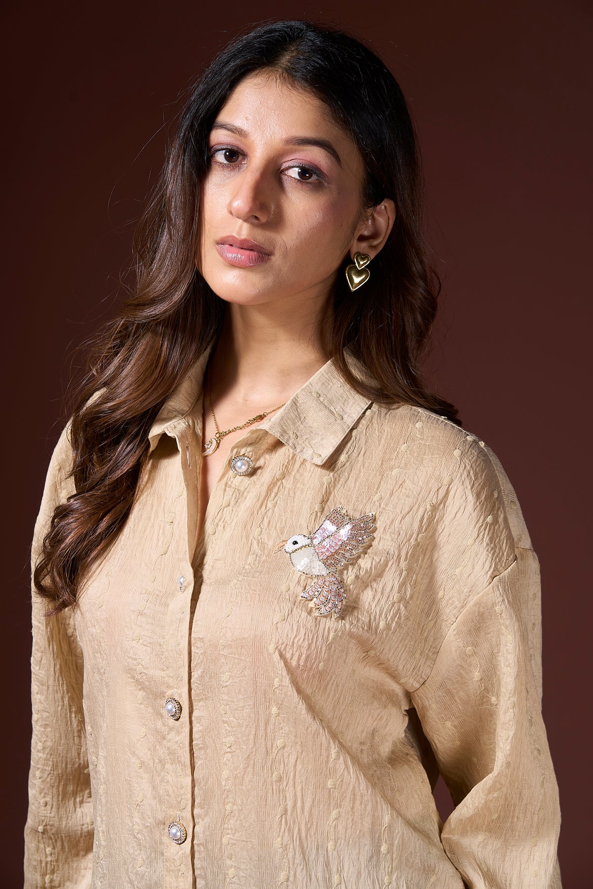 Cream Elegance Bird Motif Shirt