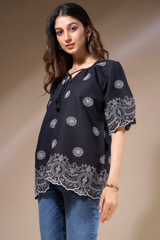 Black Top with White Embroidery