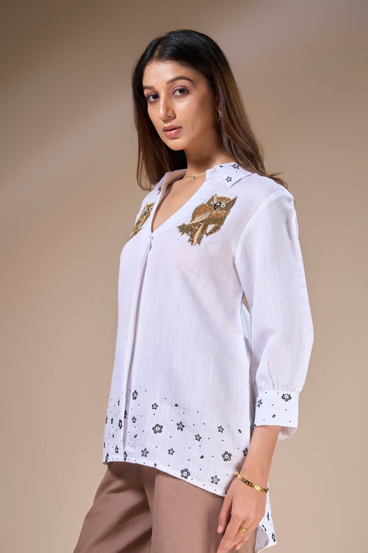 Off white Embroidered Owl Linen Shirt