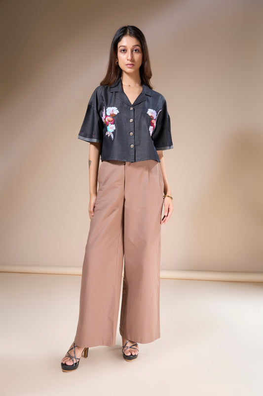 Embroidered Denim Crop Shirt