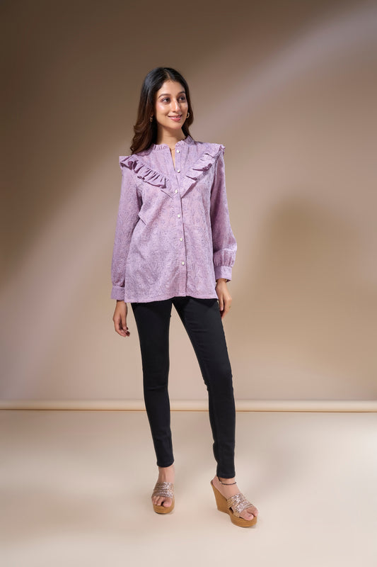 Embroidered Frill Neck Top