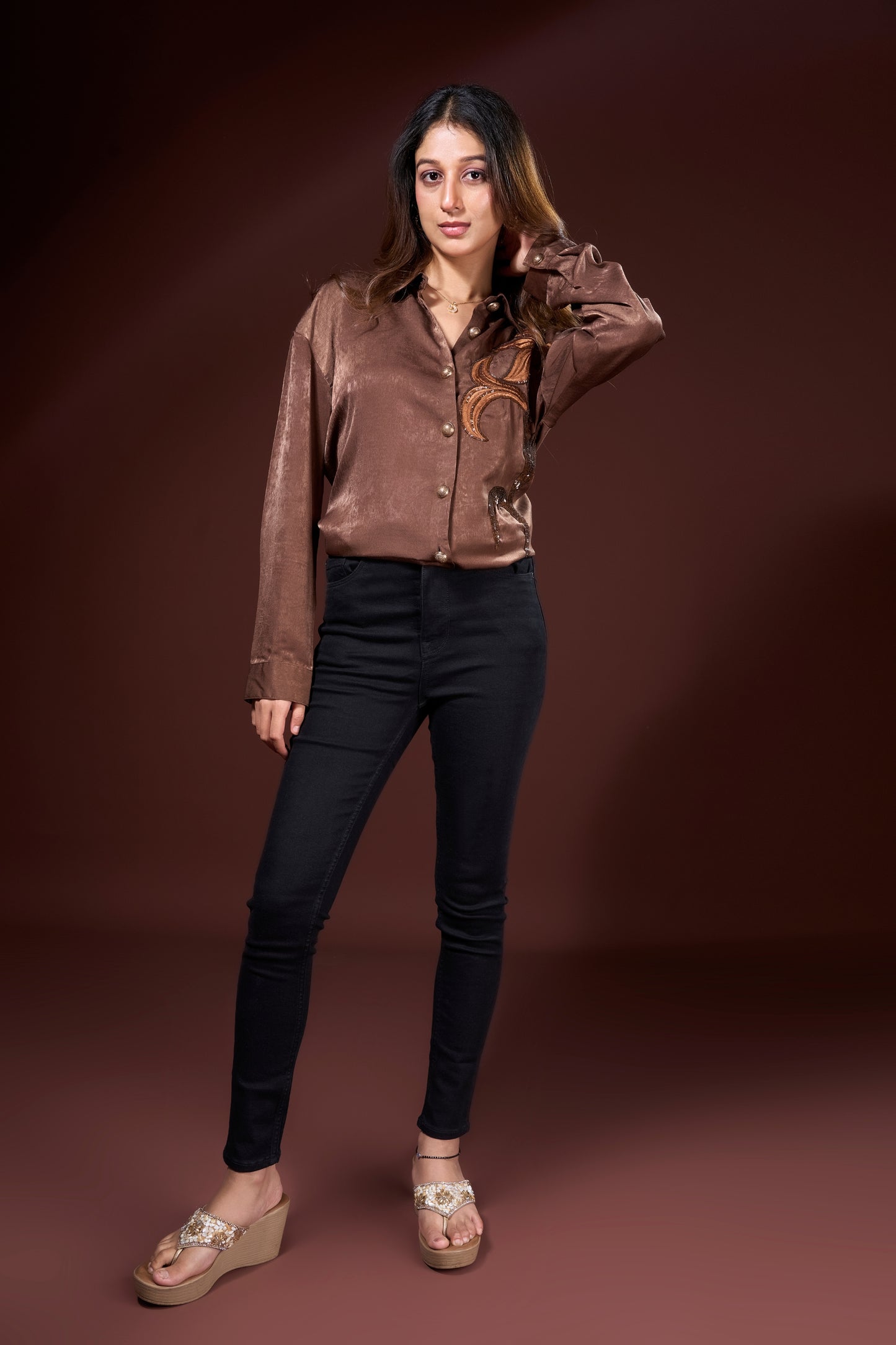 Brown Satin Shirt with Sequin Detail