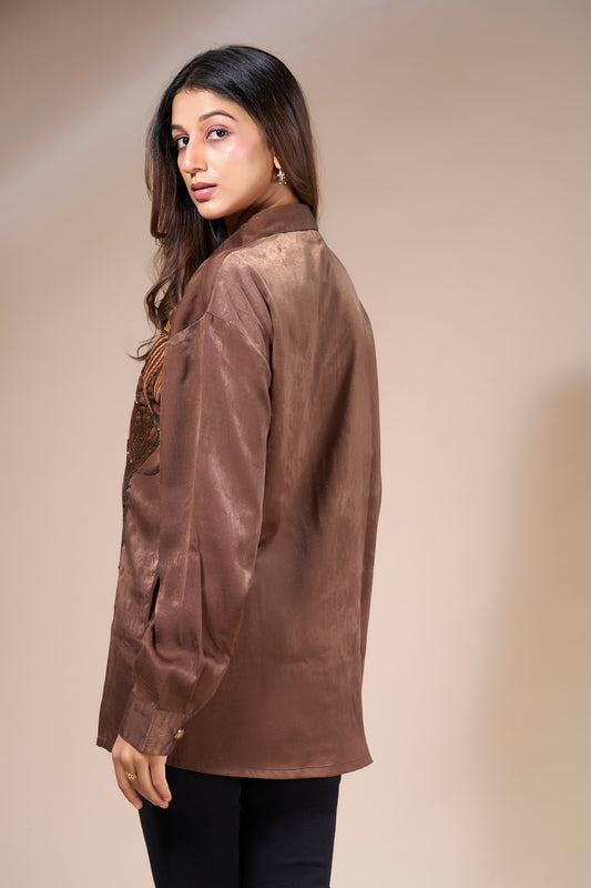 Brown Satin Shirt with Sequin Detail