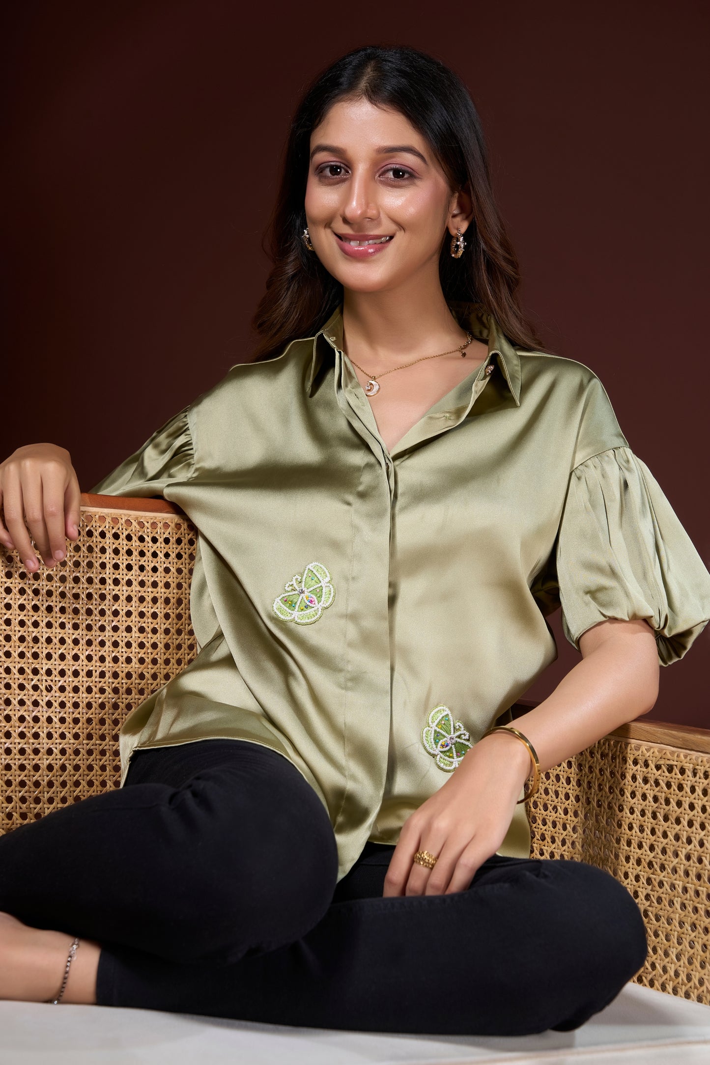 Butterfly Embroidered Satin Top