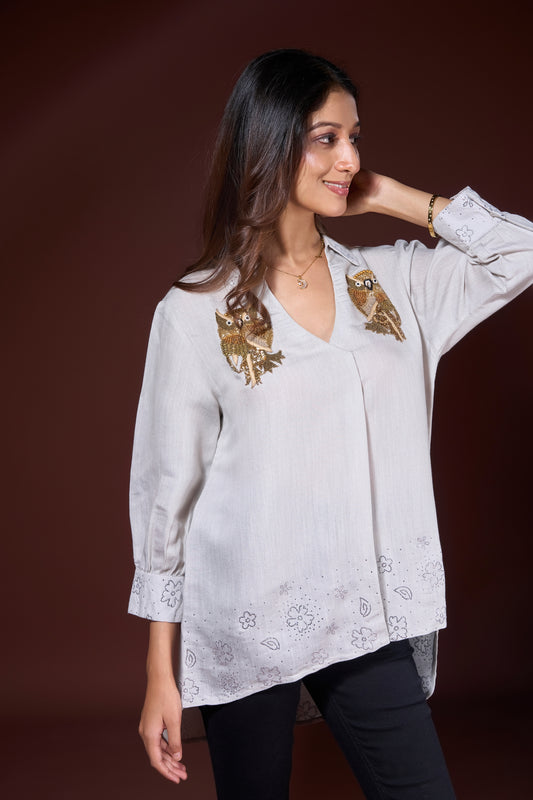 lt grey Embroidered Owl Linen Shirt