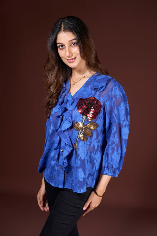 Blue Ruffle Neck Rose Embroidery Top