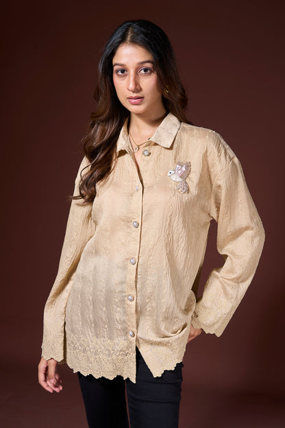 Cream Elegance Bird Motif Shirt