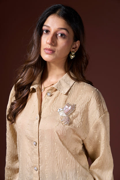 Cream Elegance Bird Motif Shirt