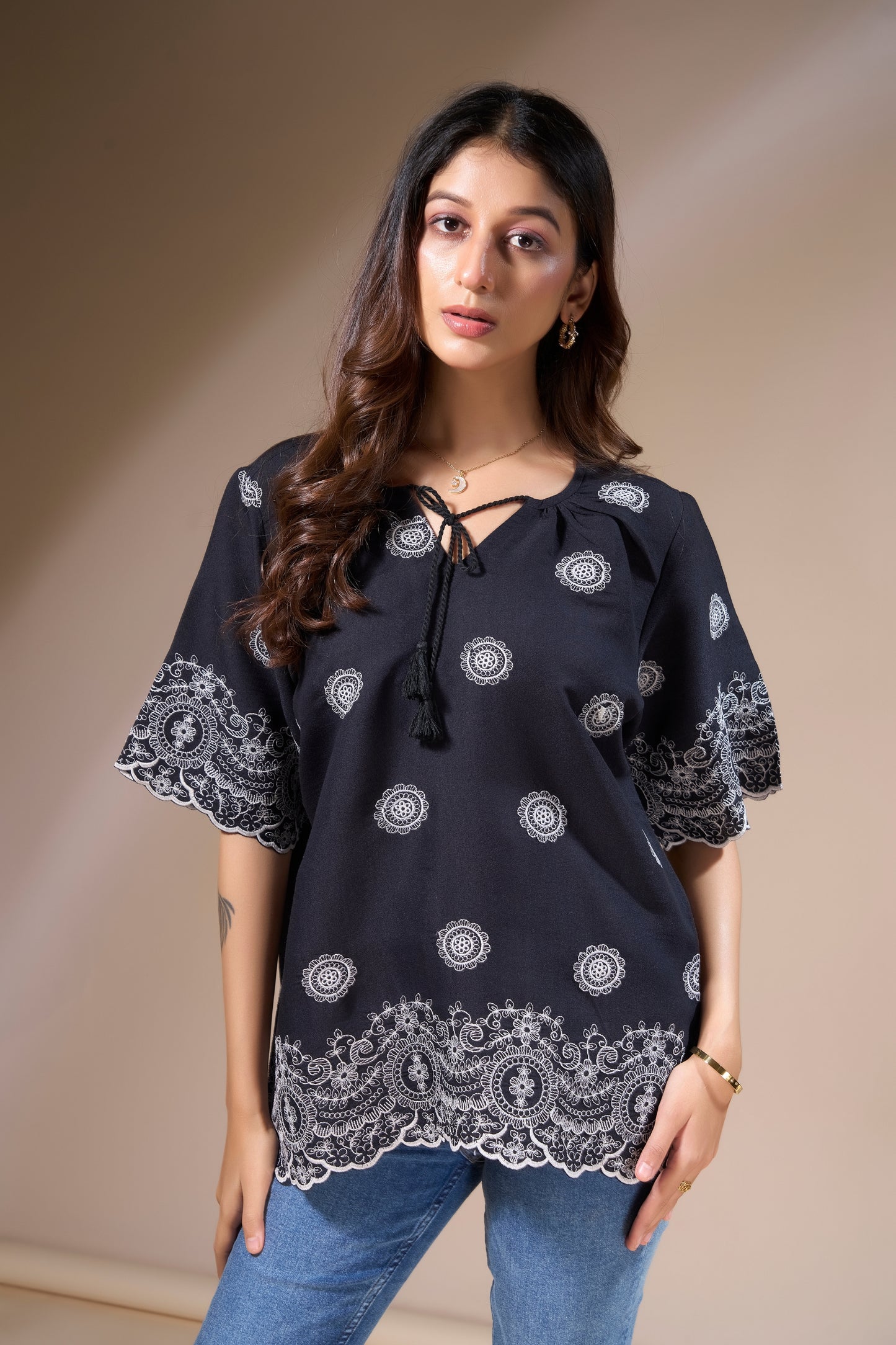Black Top with White Embroidery