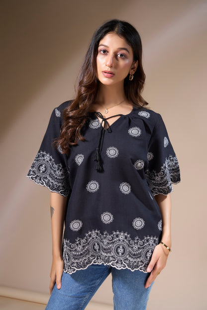 Black Top with White Embroidery