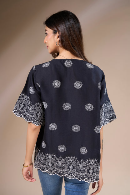 Black Top with White Embroidery
