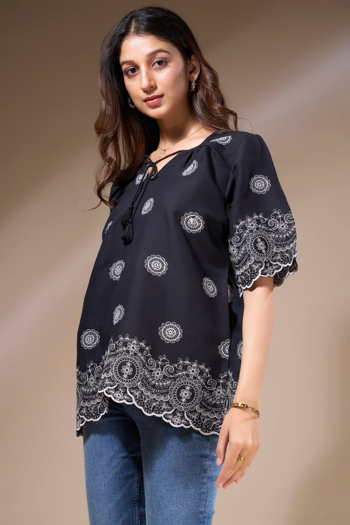 Black Top with White Embroidery