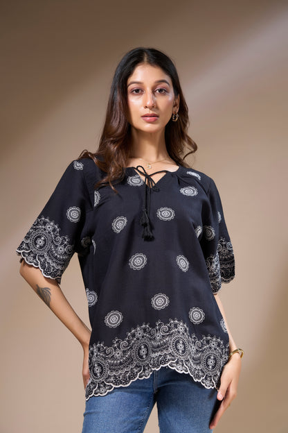 Black Top with White Embroidery