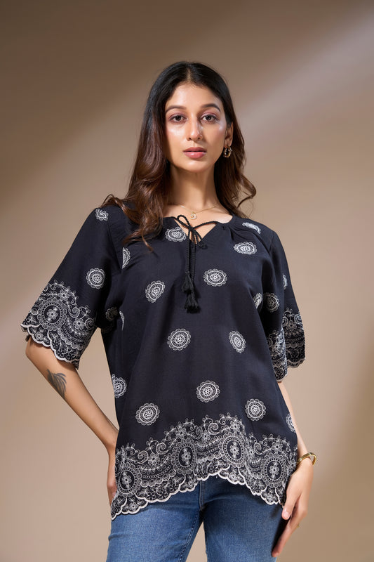 Black Top with White Embroidery
