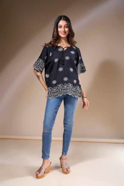 Black Top with White Embroidery