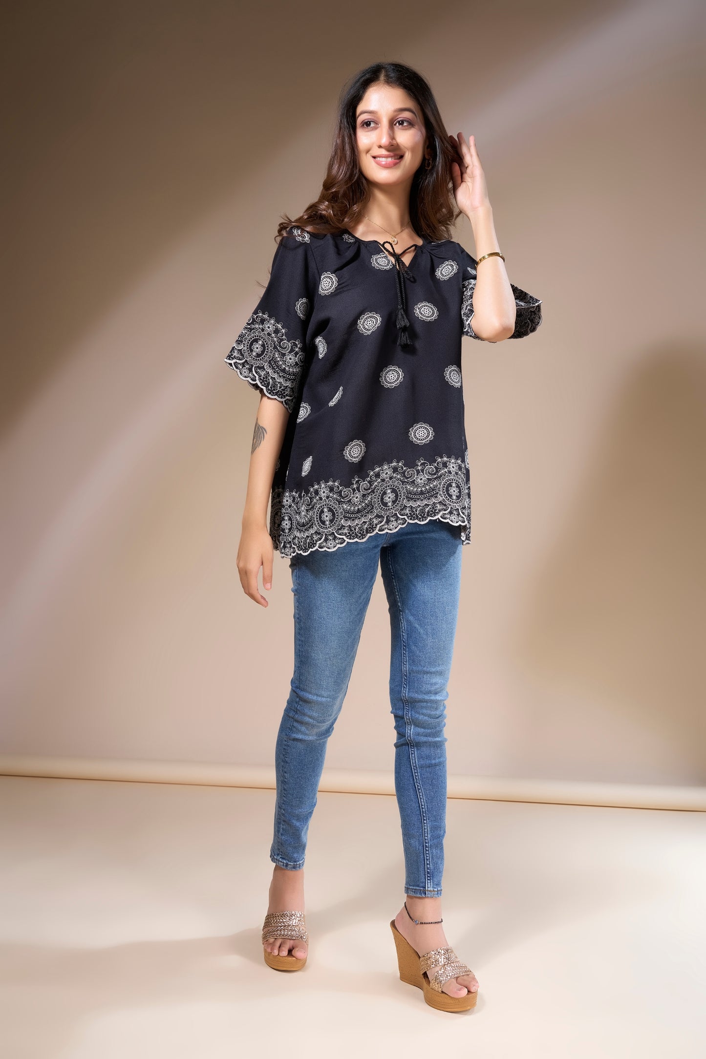 Black Top with White Embroidery