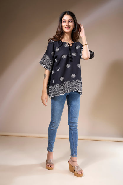 Black Top with White Embroidery