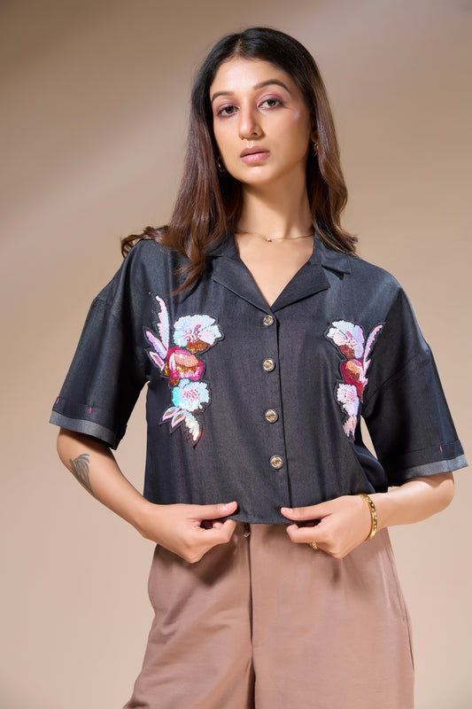 Embroidered Denim Crop Shirt