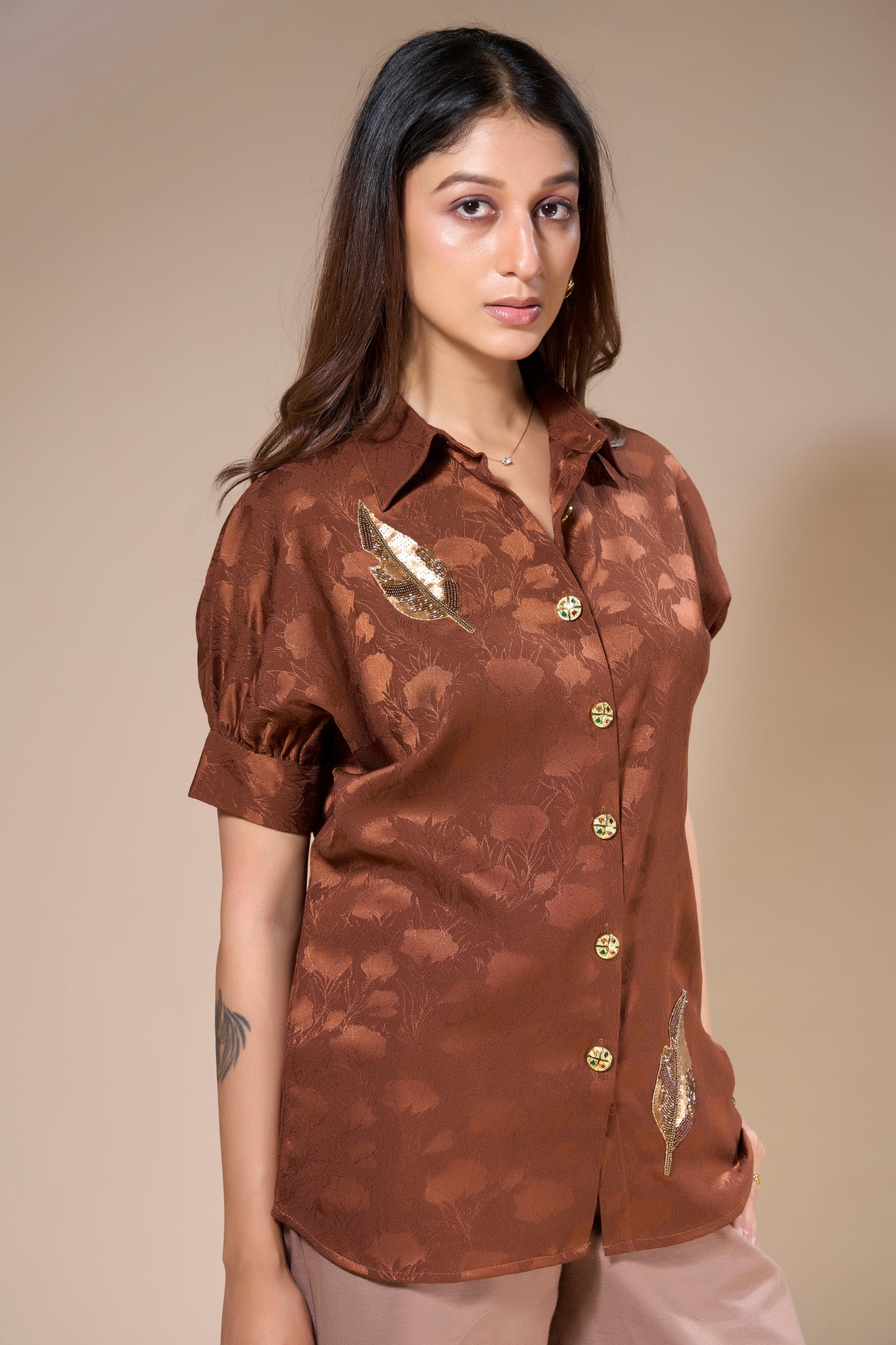 Beaded Leaf Jacquard Shirt