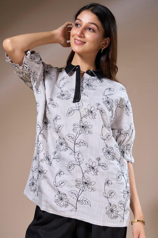 Black Floral Cotton Slub Top