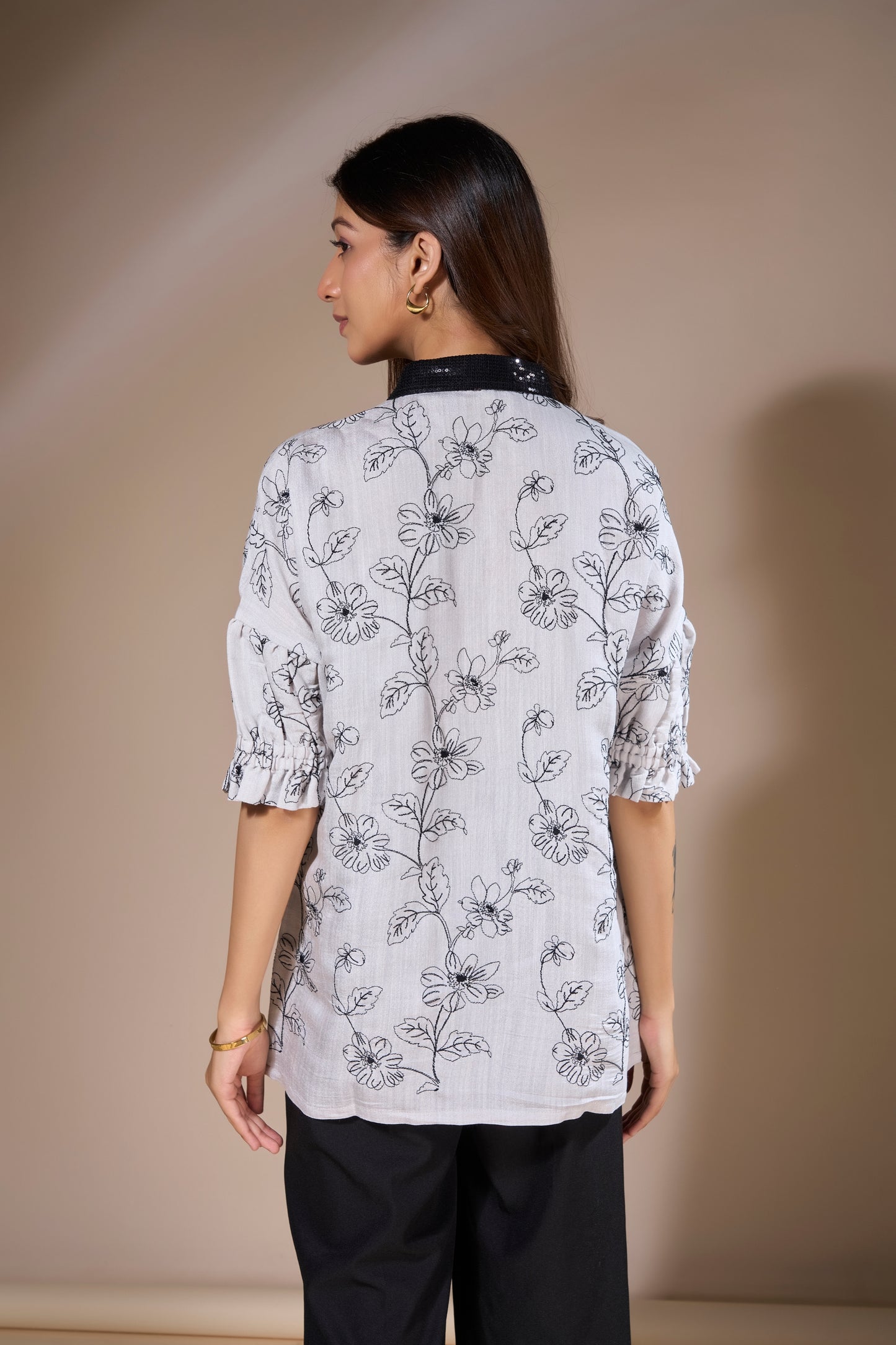 Black Floral Cotton Slub Top
