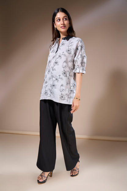 Black Floral Cotton Slub Top