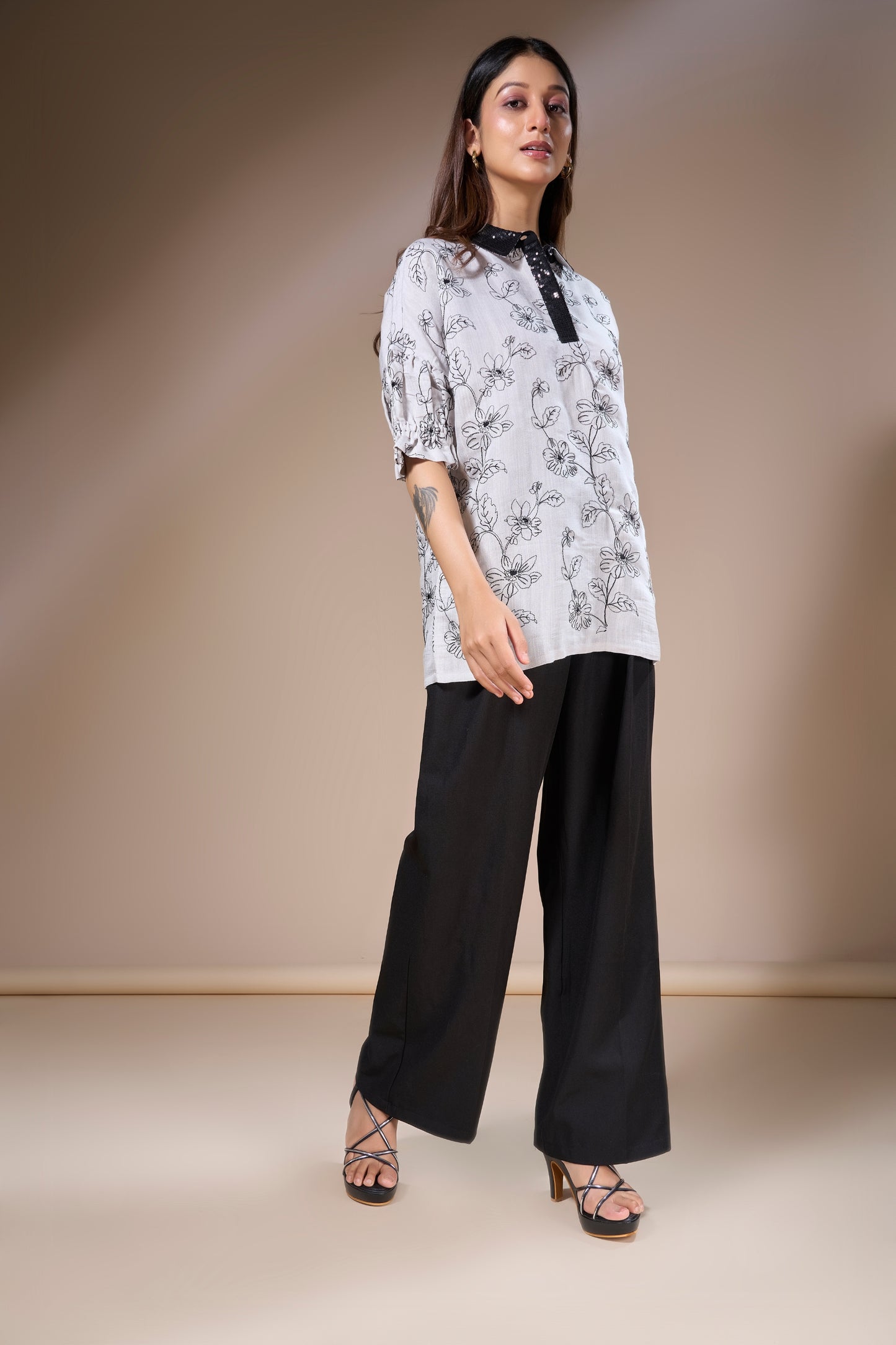 Black Floral Cotton Slub Top