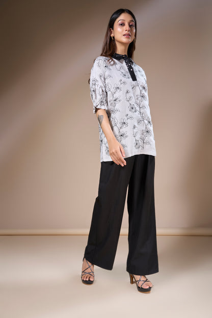 Black Floral Cotton Slub Top