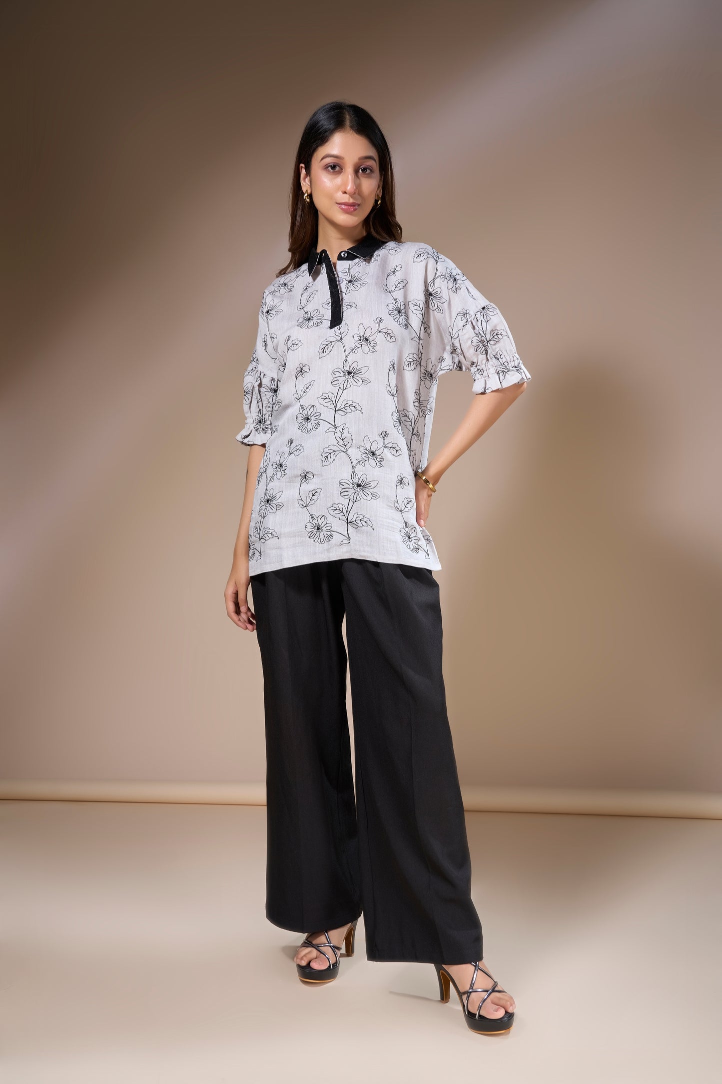 Black Floral Cotton Slub Top