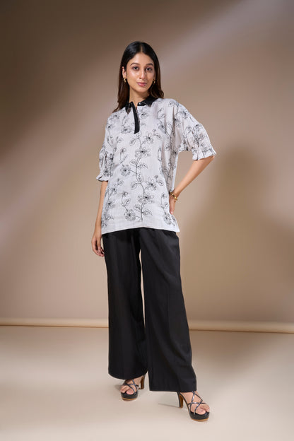Black Floral Cotton Slub Top