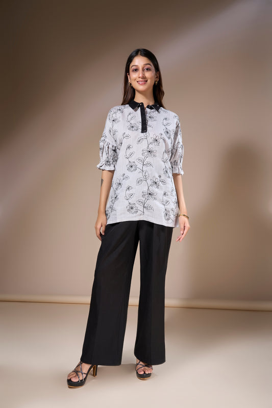 Black Floral Cotton Slub Top