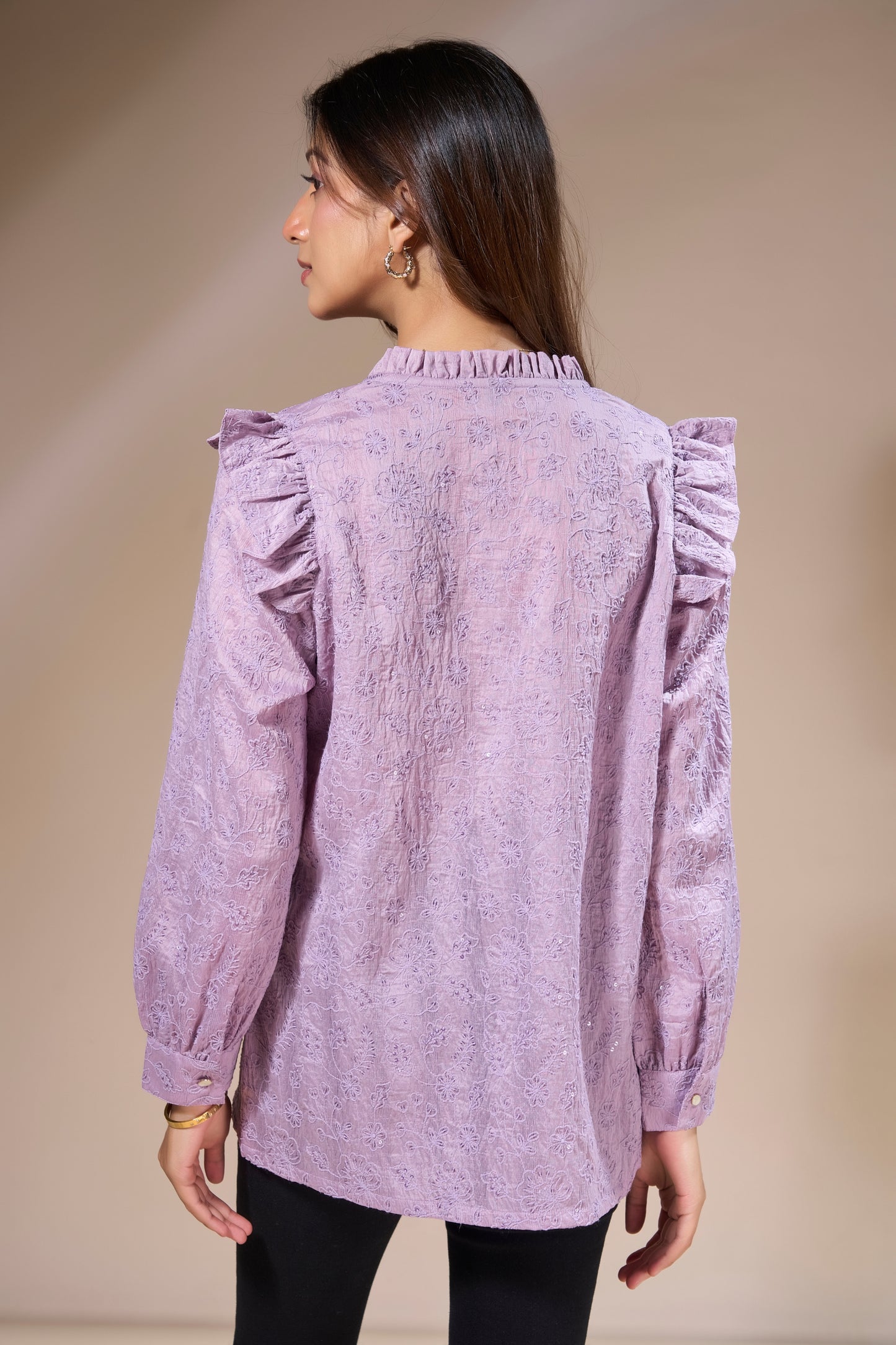 Embroidered Frill Neck Top