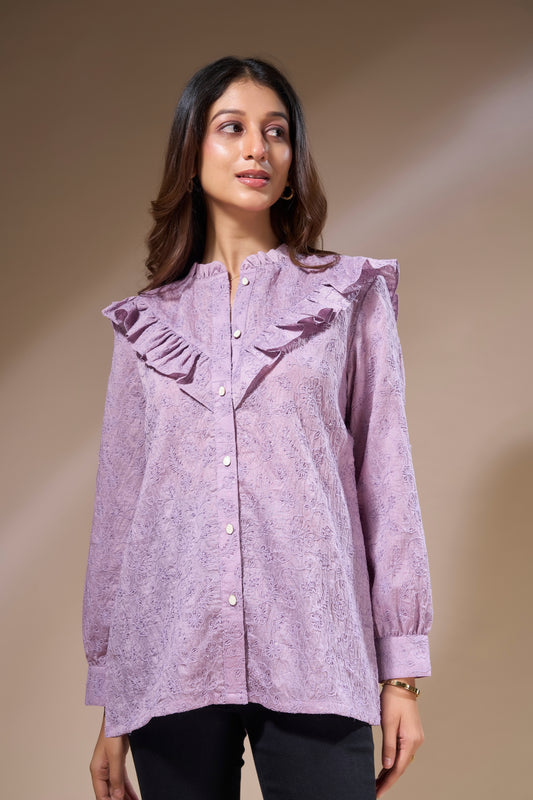 Embroidered Frill Neck Top