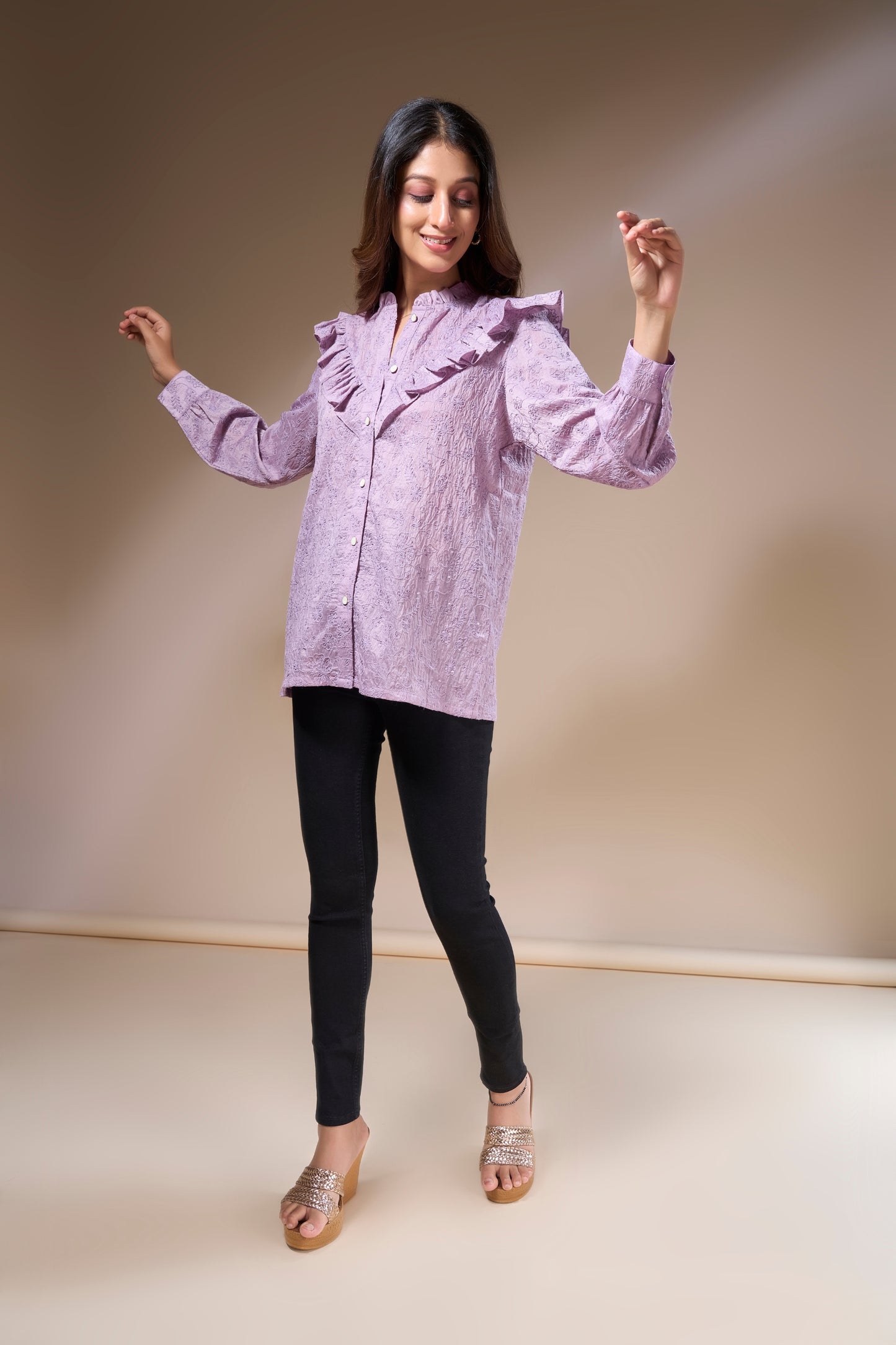 Embroidered Frill Neck Top