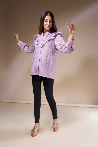 Embroidered Frill Neck Top