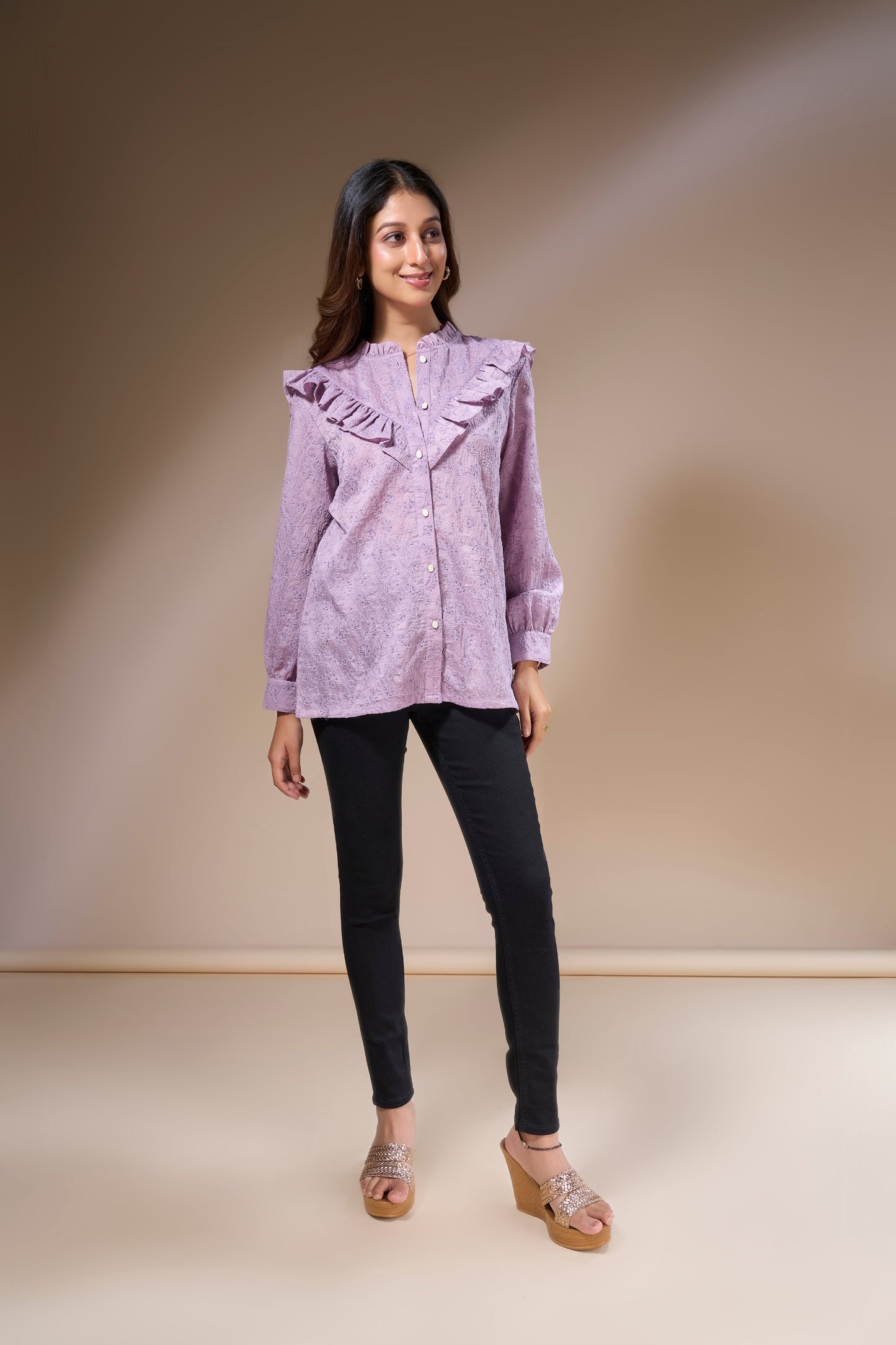 Embroidered Frill Neck Top