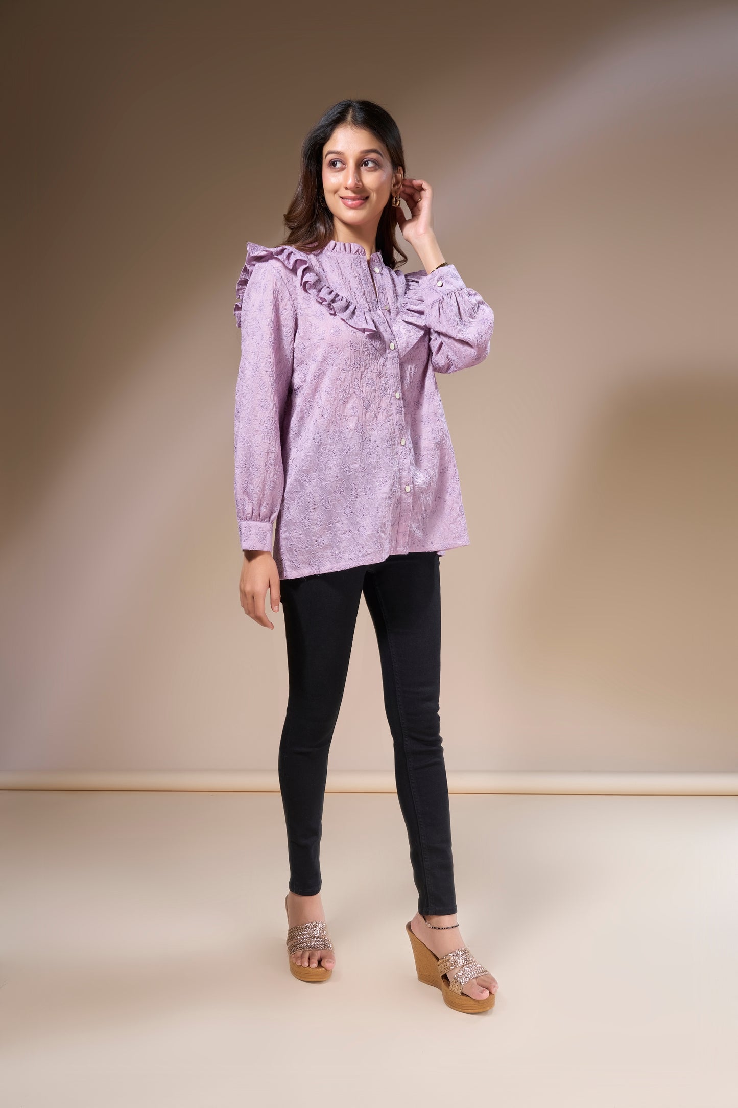 Embroidered Frill Neck Top