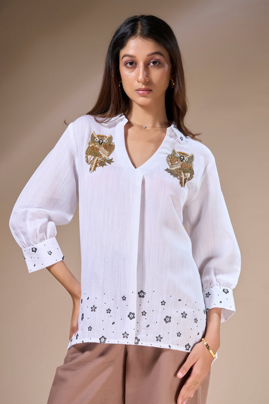 Off white Embroidered Owl Linen Shirt