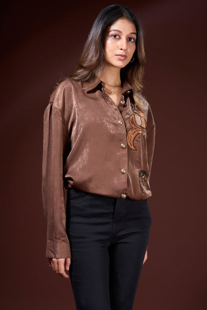 Brown Satin Shirt with Sequin Detail