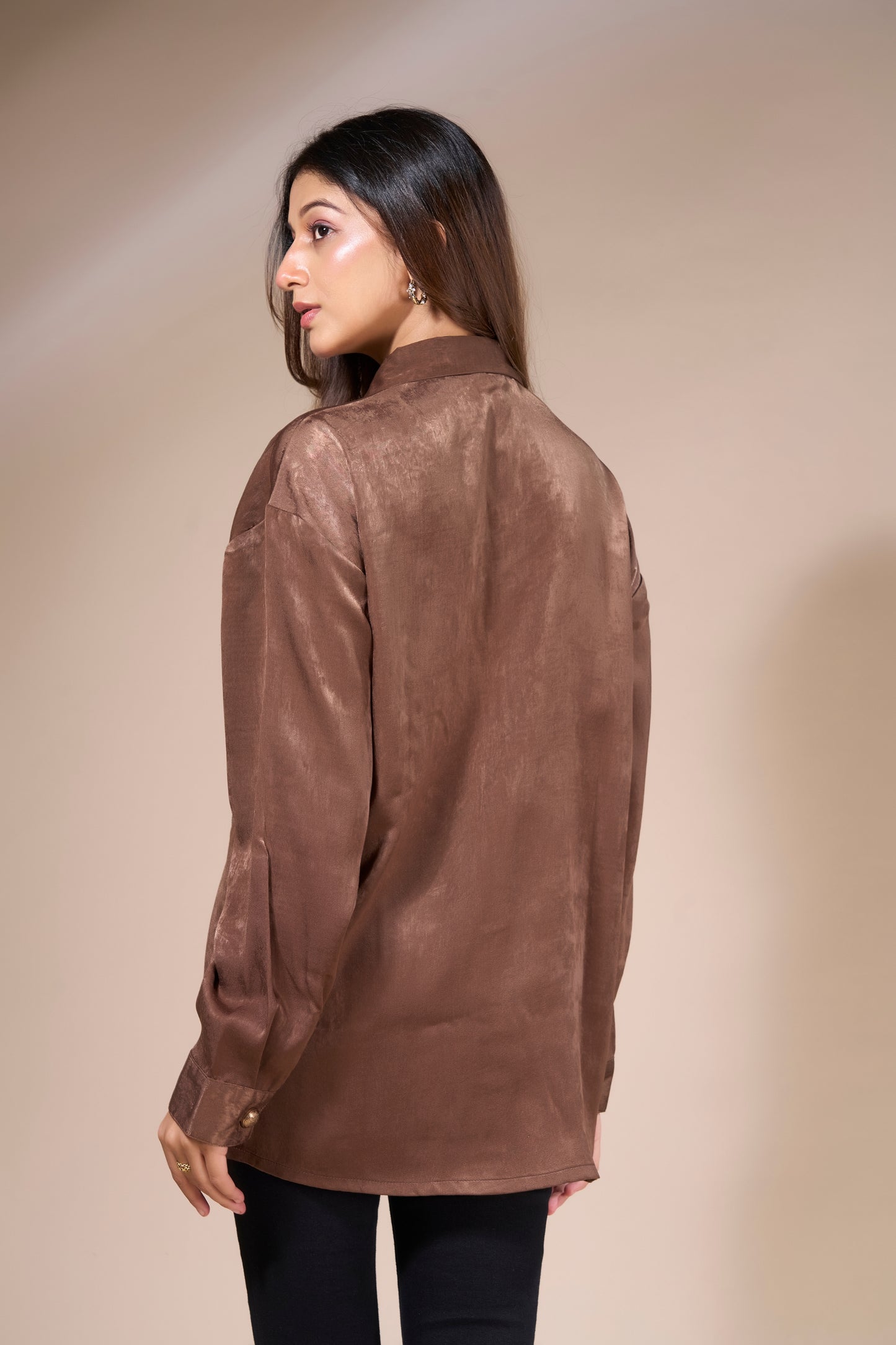 Brown Satin Shirt with Sequin Detail