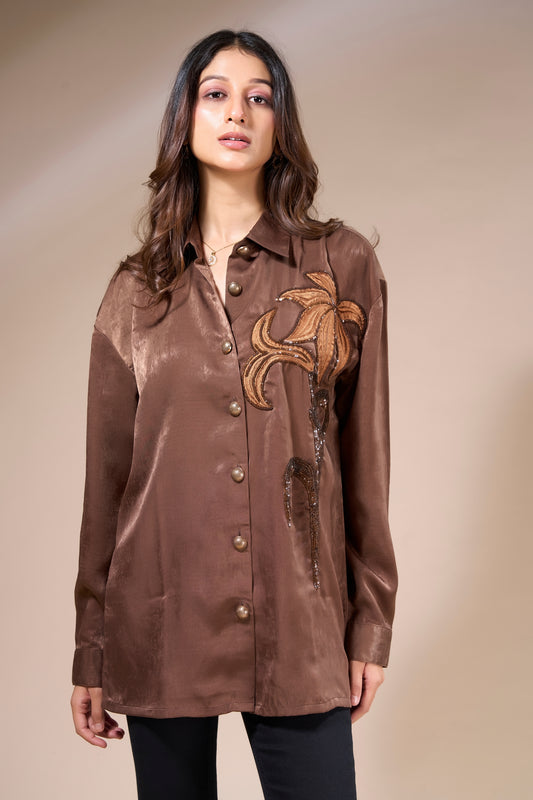 Brown Satin Shirt with Sequin Detail