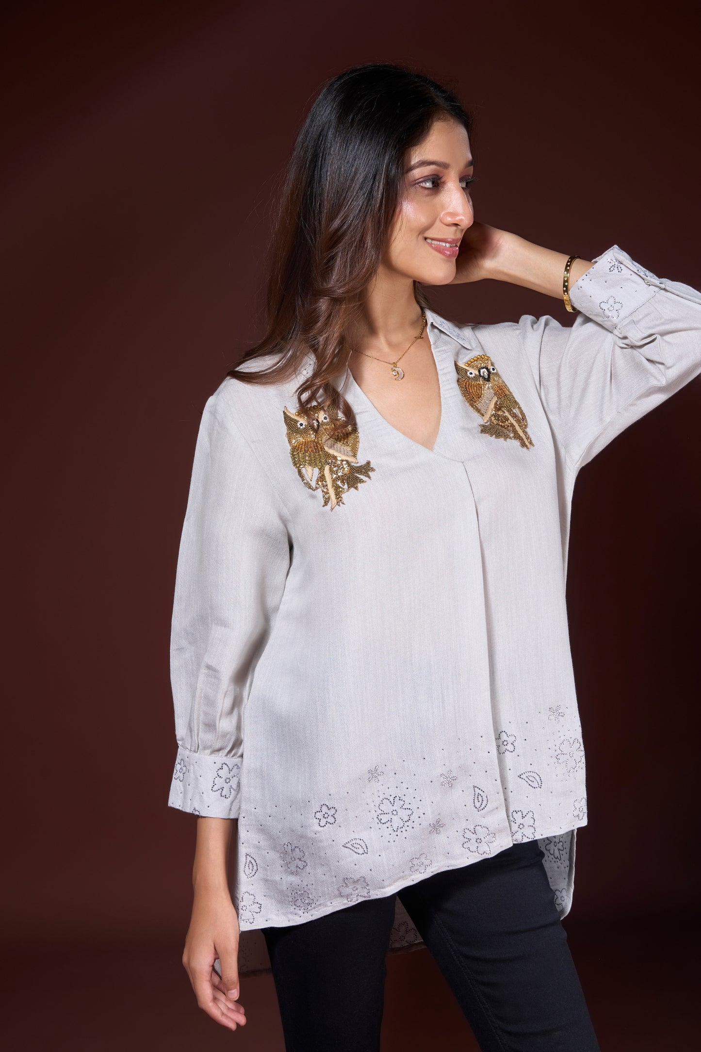 lt grey Embroidered Owl Linen Shirt
