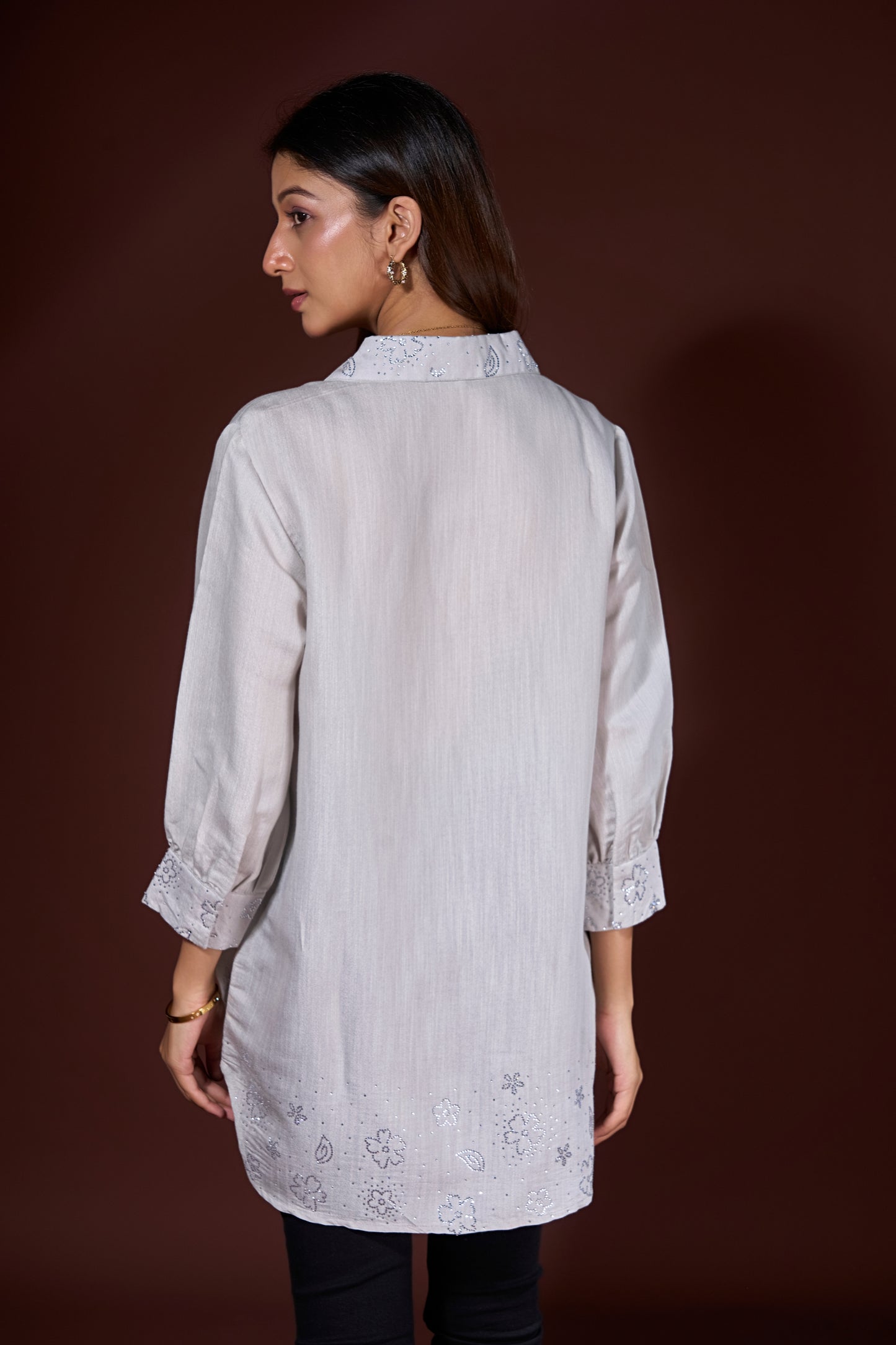 lt grey Embroidered Owl Linen Shirt