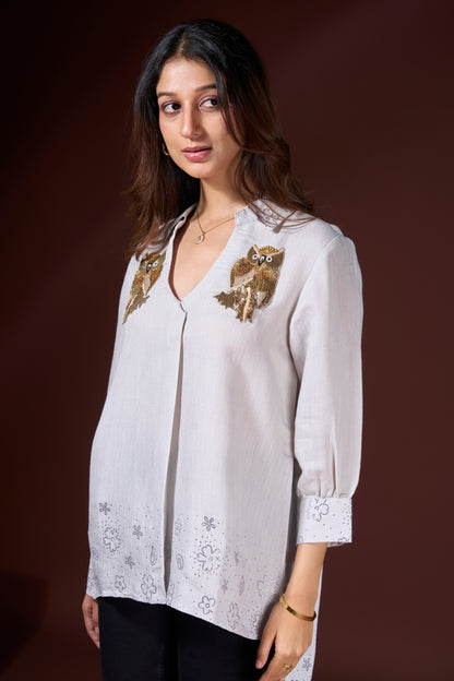 lt grey Embroidered Owl Linen Shirt