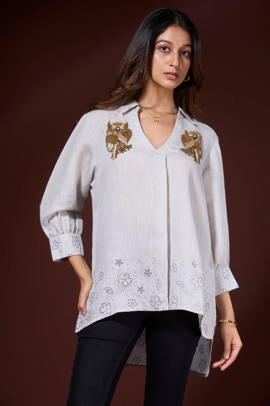 lt grey Embroidered Owl Linen Shirt