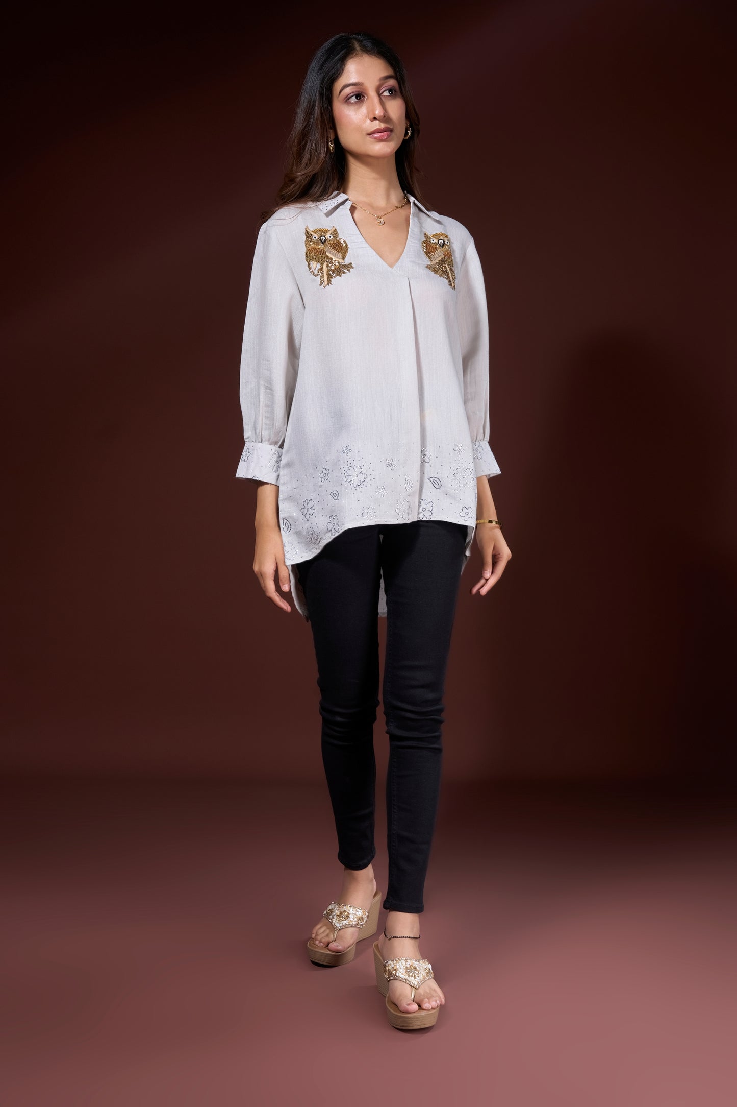 lt grey Embroidered Owl Linen Shirt