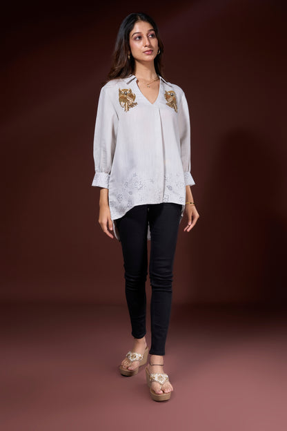 lt grey Embroidered Owl Linen Shirt