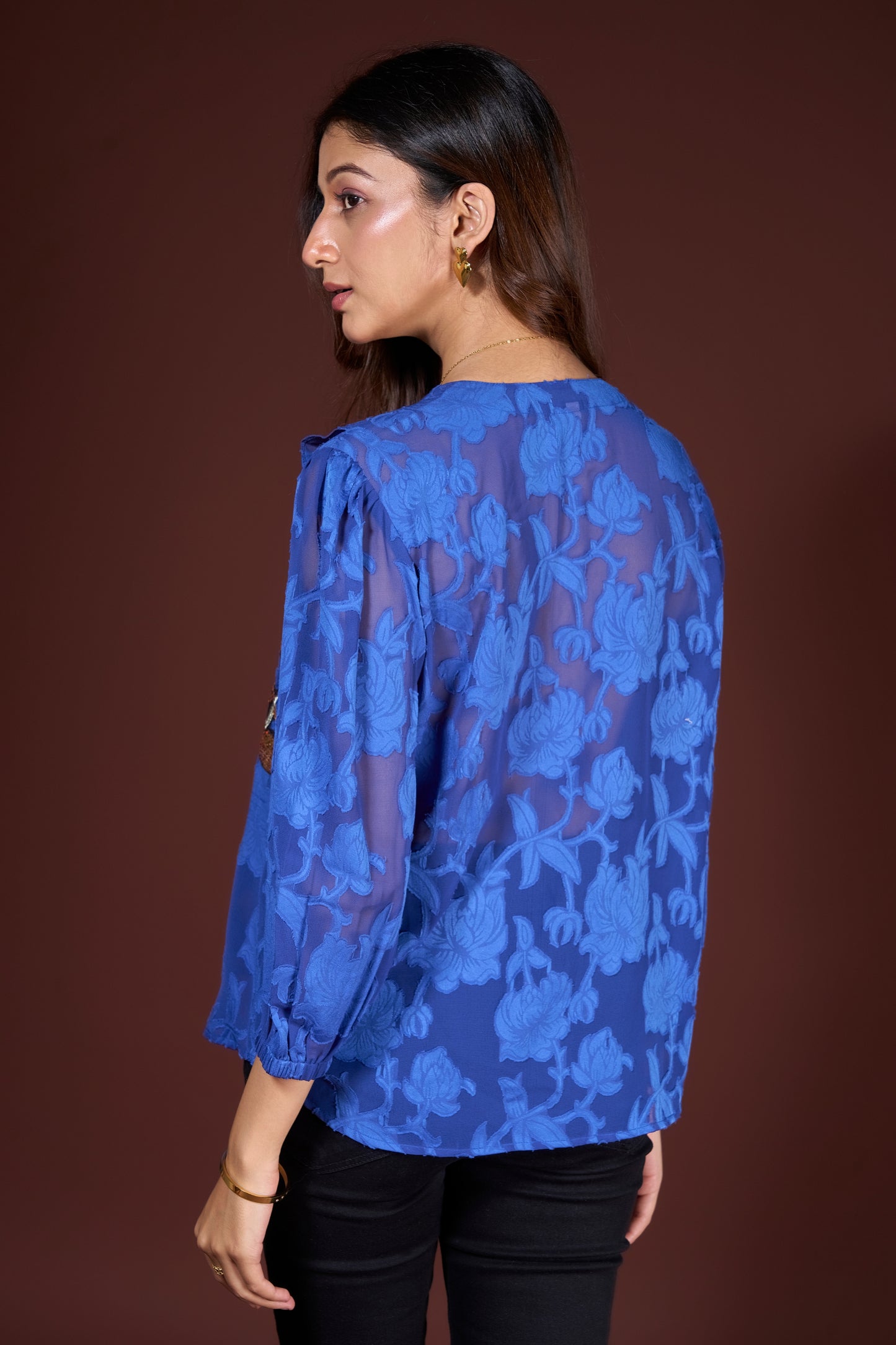 Blue Ruffle Neck Rose Embroidery Top
