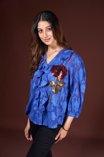 Blue Ruffle Neck Rose Embroidery Top