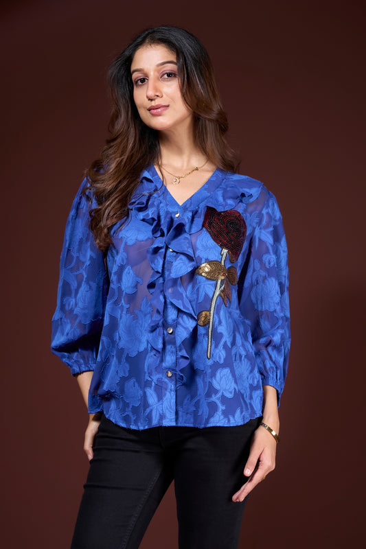 Blue Ruffle Neck Rose Embroidery Top